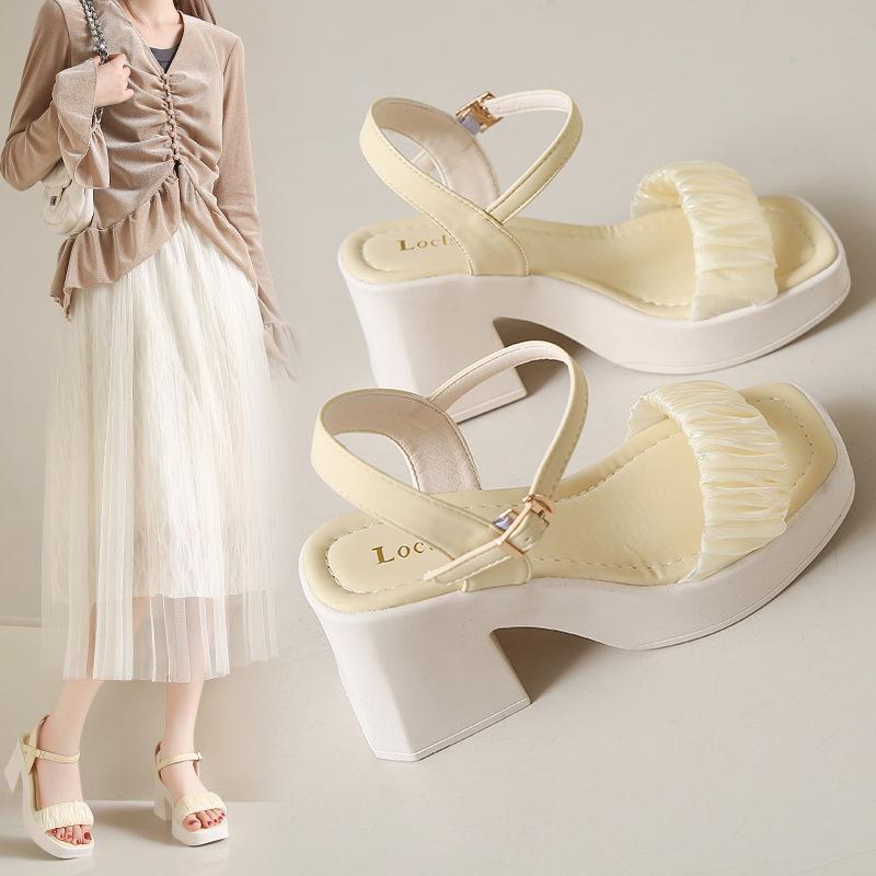 Sandals women's popular summer fairy style high heels thick-soled square-toe block-heeled sandals women's straight strap fairy shoes