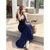 French Temperament Lace Neck Saffron Blue Floral Dress Women's Summer New Waist Vacation Style Hip Long Skirt