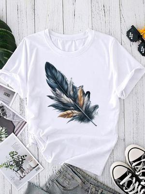 (Asian Size) Feather Trend Cute Women's Top T Clothing Print Short Sleeve T-shirts Fashion Female Casual O-neck Graphic Tee