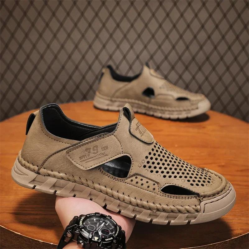 Mode Neue Sommer Leder Freizeitschuhe Business Herren Hollow Out Sandalen Schnelltrocknend Wading Aqua Schuhe Mann Atmungsaktiv Männlich Strand Turnschuhe