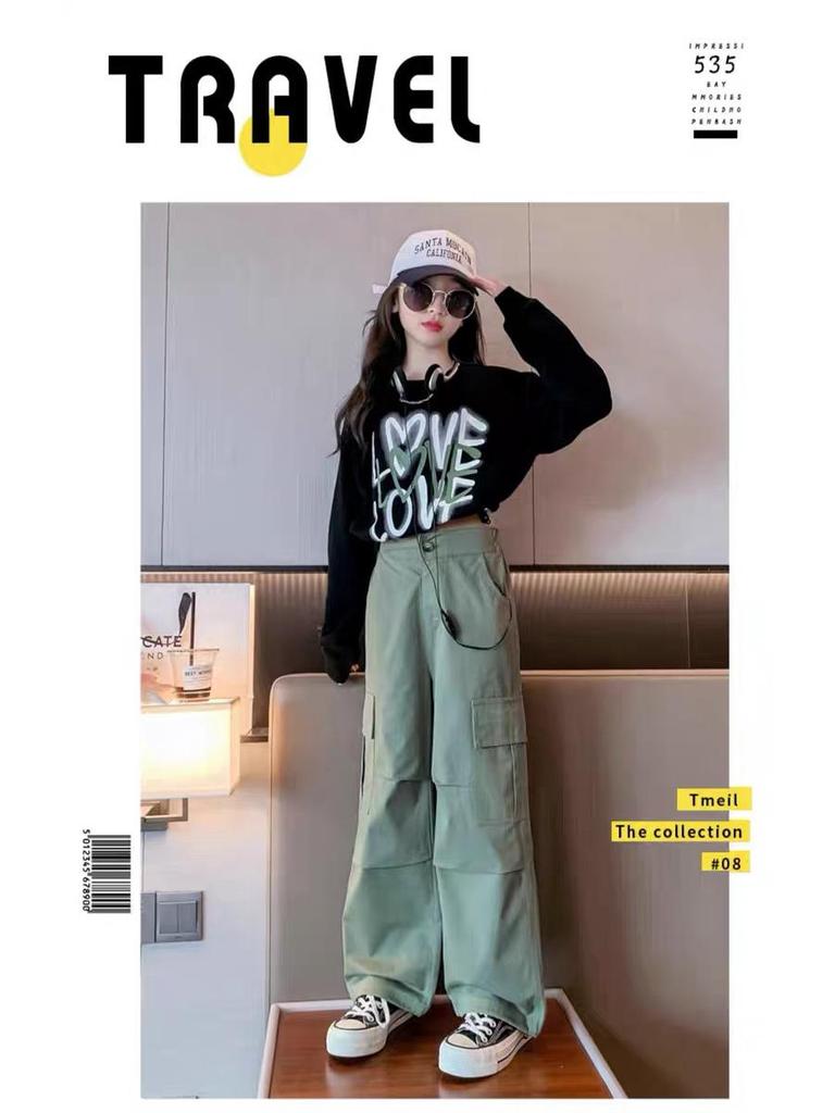 Korean Style 2024 Western-Style Two-Piece Letter Top and Overalls for Girls