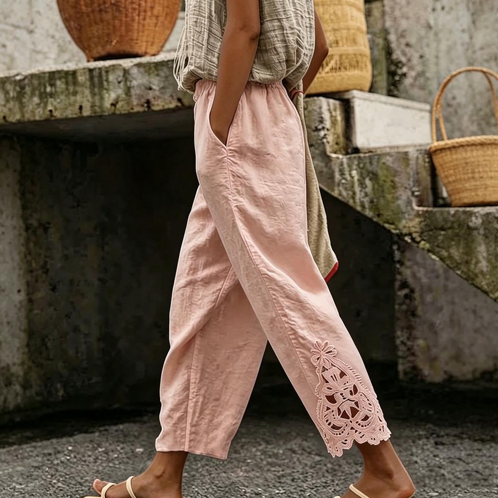 Women's Casual Straight Leg Pants with Elastic Waist and Lace Trim - Color Loose Fit