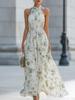 Women Sleeveless High Neck Bodycon Maxi Dress Floral Print Flowy Hem