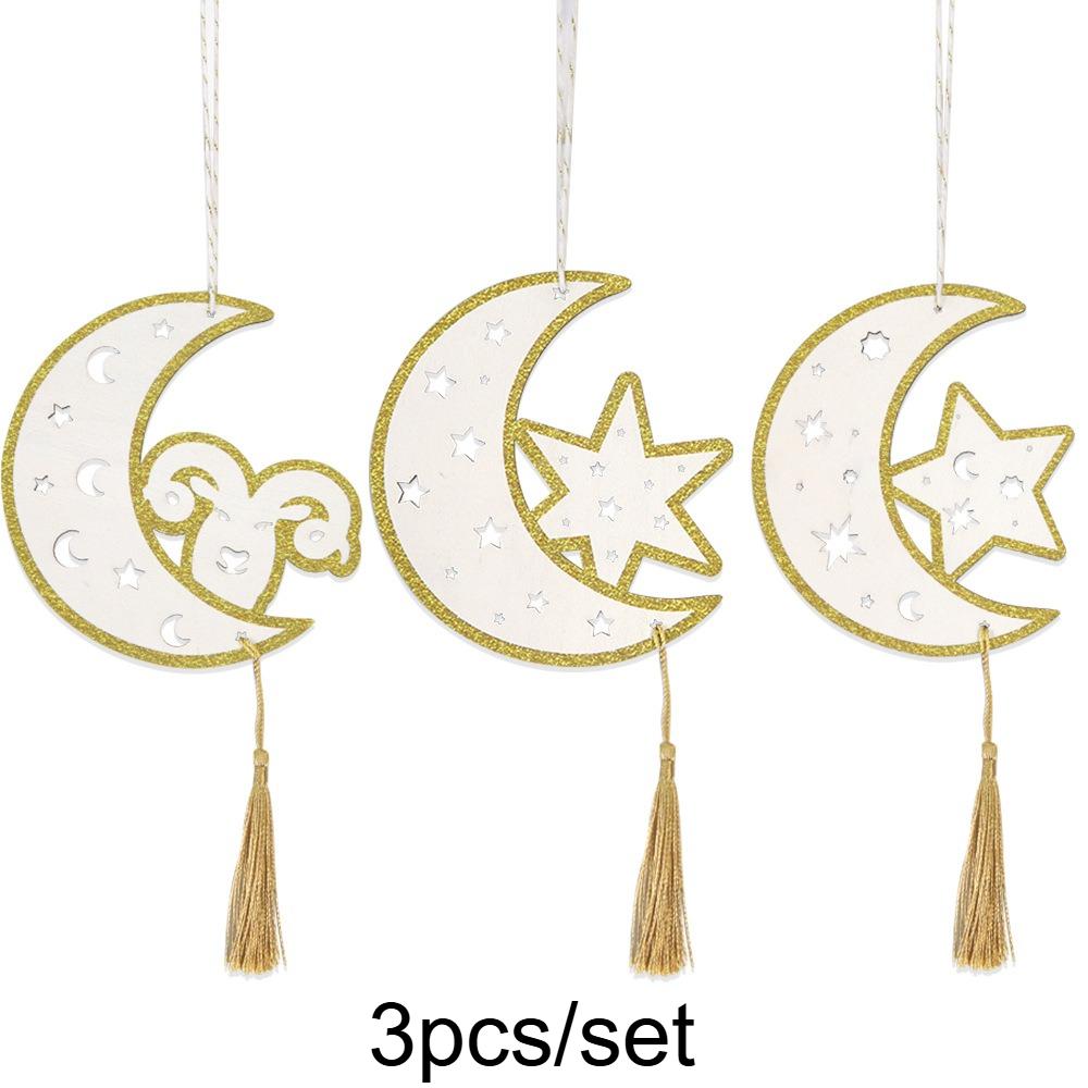 3/6pcs Wooden Handicrafts Hanging Ornaments for Ramadan,Star & Moon Tassel Hanging Ornaments,Hollow Plaque Hanging Ornaments
