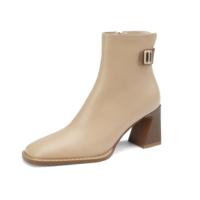 

Модная женская новая осенне-зимняя обувь с квадратным носком, металлическими аксессуарами, из натуральной коровьей кожи, на высоком каблуке, на молнии, размеры, ретро челси, короткие ботинки до икры 33