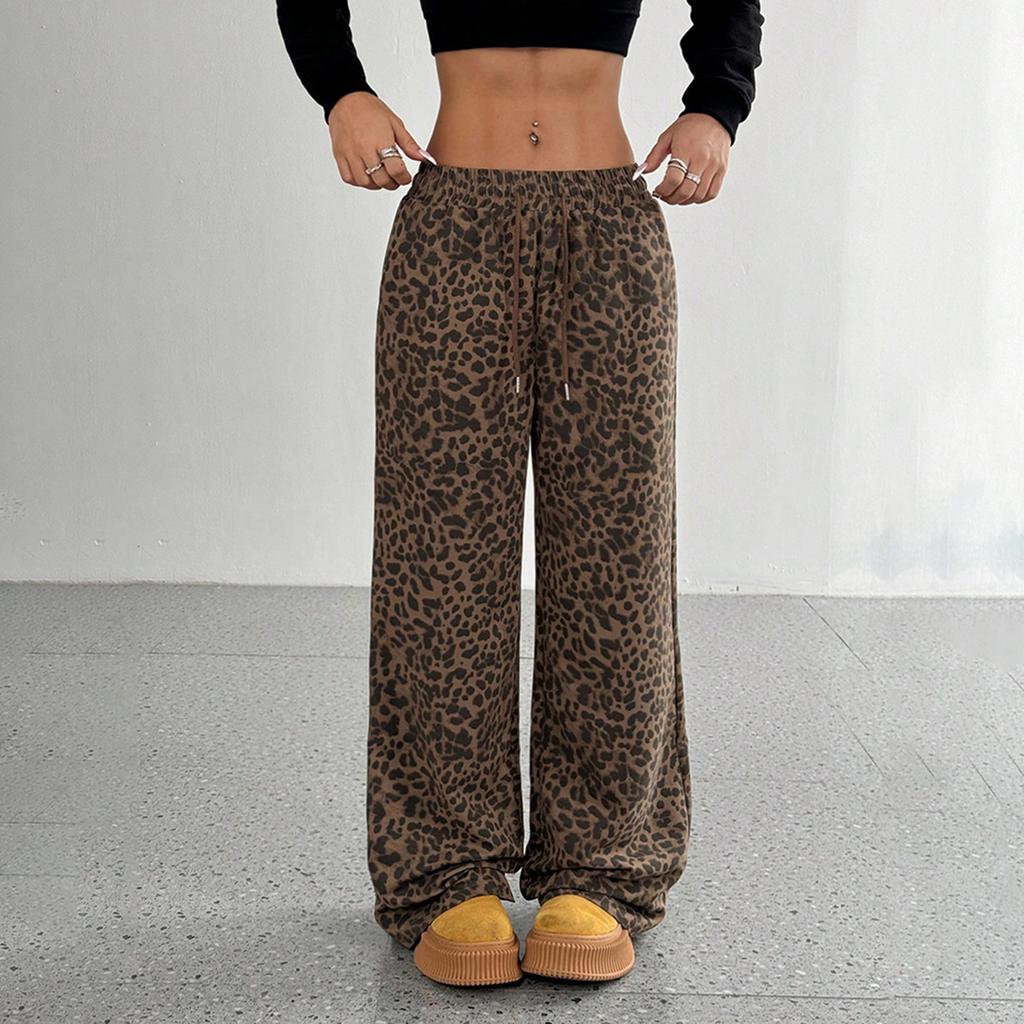 Women's Leopard Print High Waisted Wide Leg Trousers  Casual Straight Leg Pants