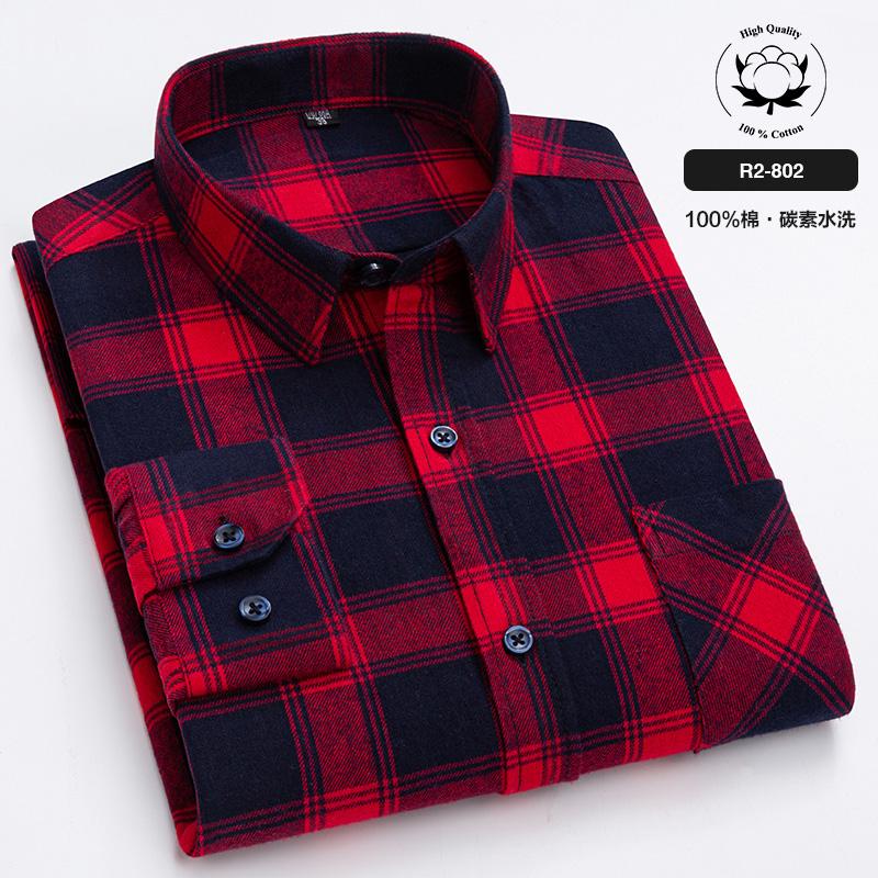 New Spring Autumn 100% Cotton Flannel Plaid Mens Shirts Casual Long Sleeve Regular Fit Home Dress Shirts For Man Clothes 6XL 5XL