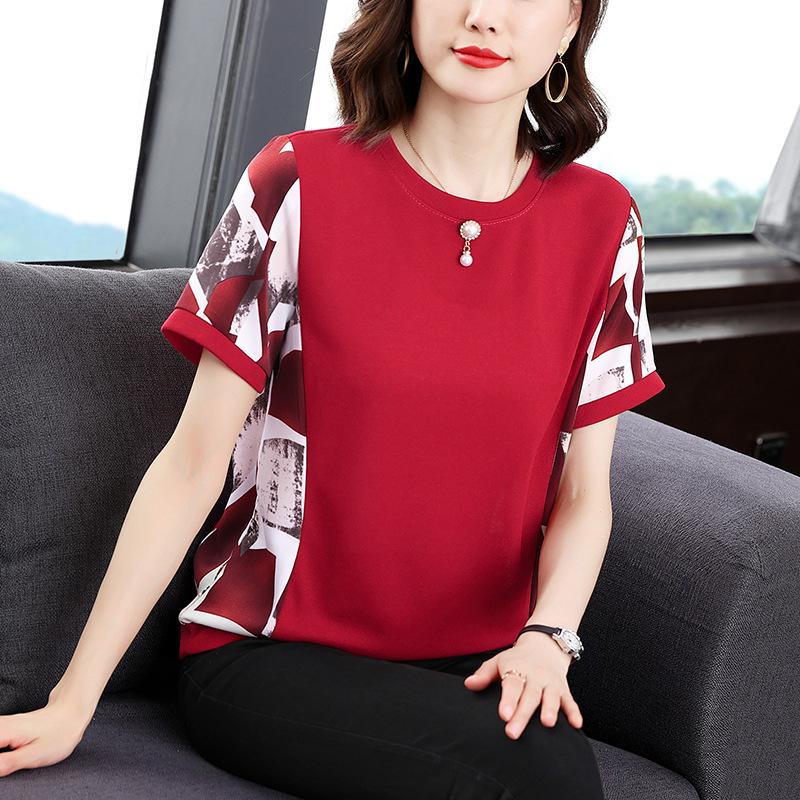 

Футболка с короткими рукавами для женщин, новый стиль летнего платья для мам, модная свободная футболка большого размера для женщин среднего возраста, уменьшающая возраст 4XL