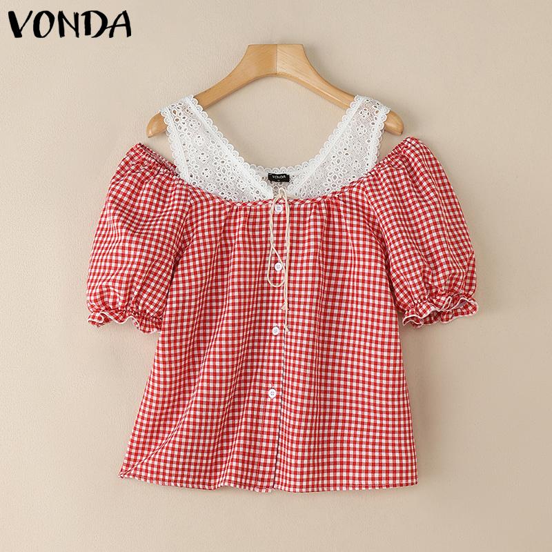 

VONDA Женские летние топы с коротким рукавом и без бретелек, кружевные, в стиле пэчворк, с клетчатым принтом XL красный