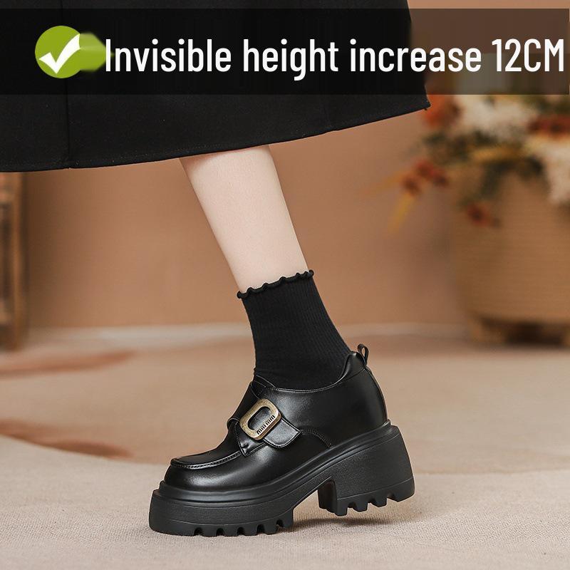 Women's Black Velcro Slip-on Height-Increasing Oxford Loafers, Thick Sole, Autumn 2025.