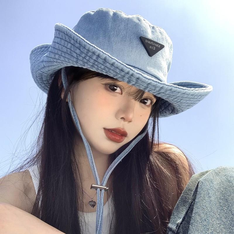 Autumn hat women's outdoor climbing hat big head circumference show face small bucket hat retro versatile washed cowboy hat