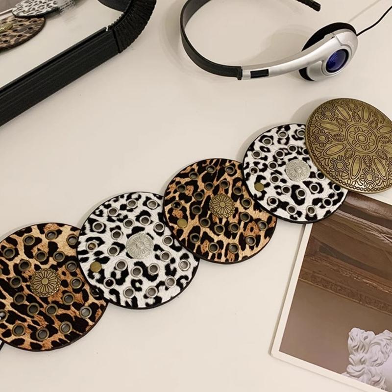 Stylish Leopard Wide Belt for Adult Western Waistband Ethnic PU Leather Embossing Buckle Waiststrap for Formal Dresses