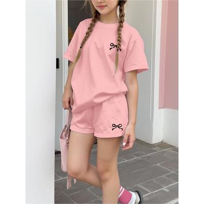 Casual Children's Clothing Set Solid Color Printed Round Neck Short Sleeve Top with Wide Leg Shorts Pants for Kids