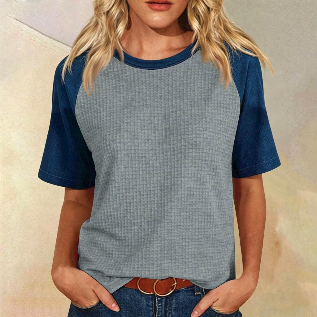 Women’s Casual Vintage Lightweight Plus Size Waffle Knit Raglan Crewneck Top Loose Fit Short Sleeve Pullover Shirt