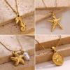 Unique European and American Ocean Style Stainless Steel Necklace with Starfish, Seahorse, and Flower Pendants
