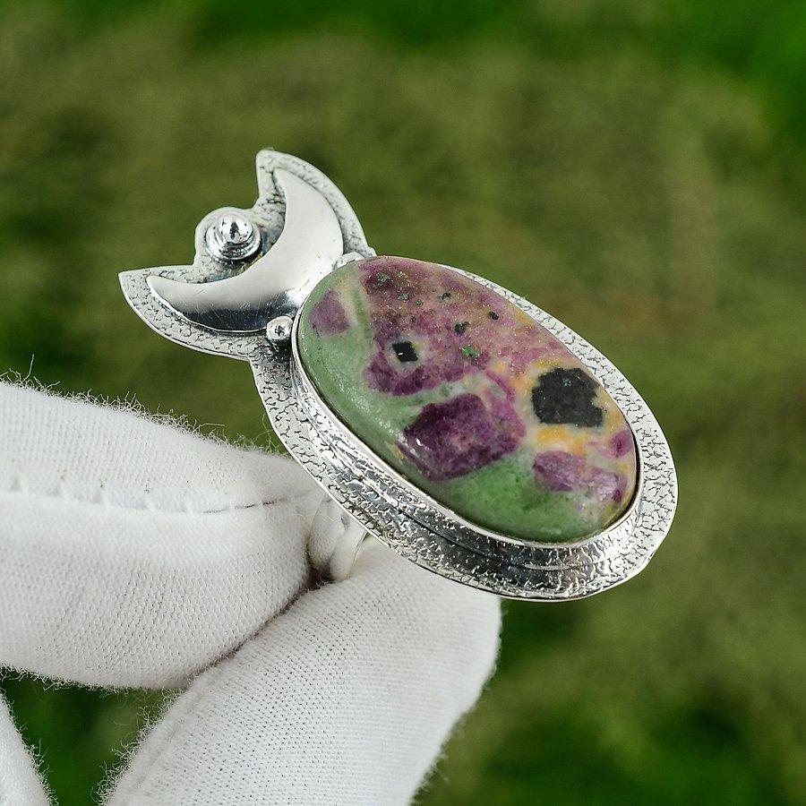 

Sterling Silver Ruby Fuchsite Stone Crescent Moon Statement Wedding Ring Jewelry Adjustable