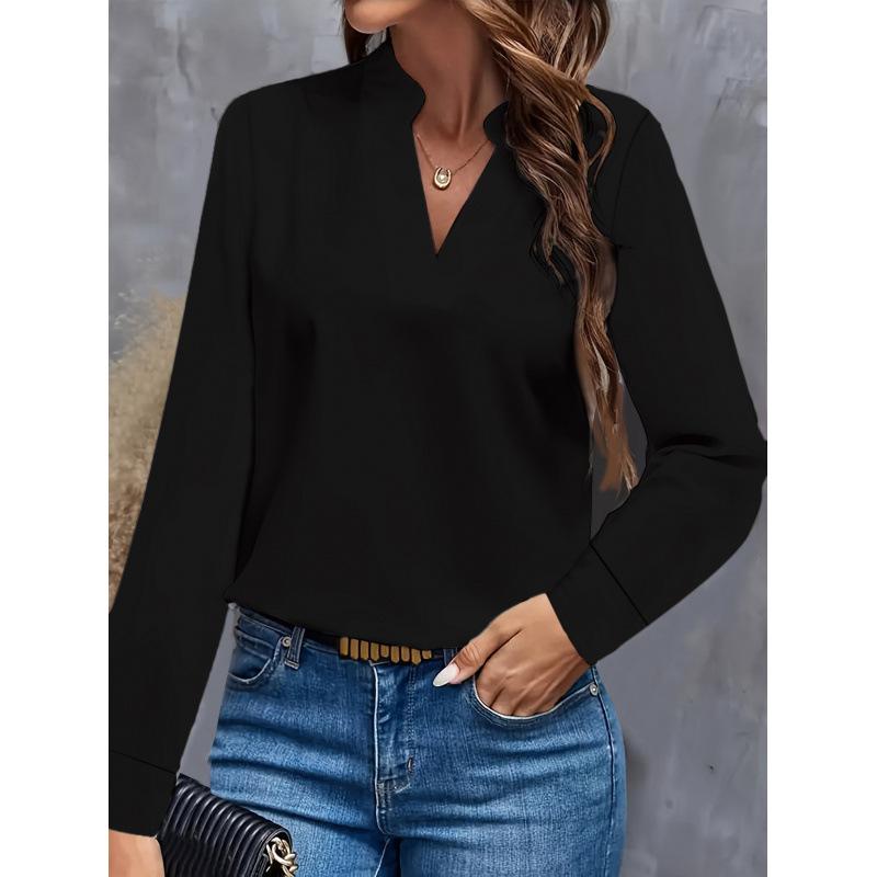 Simple Casual Solid Color V-Neck Loose Shirt Top Women