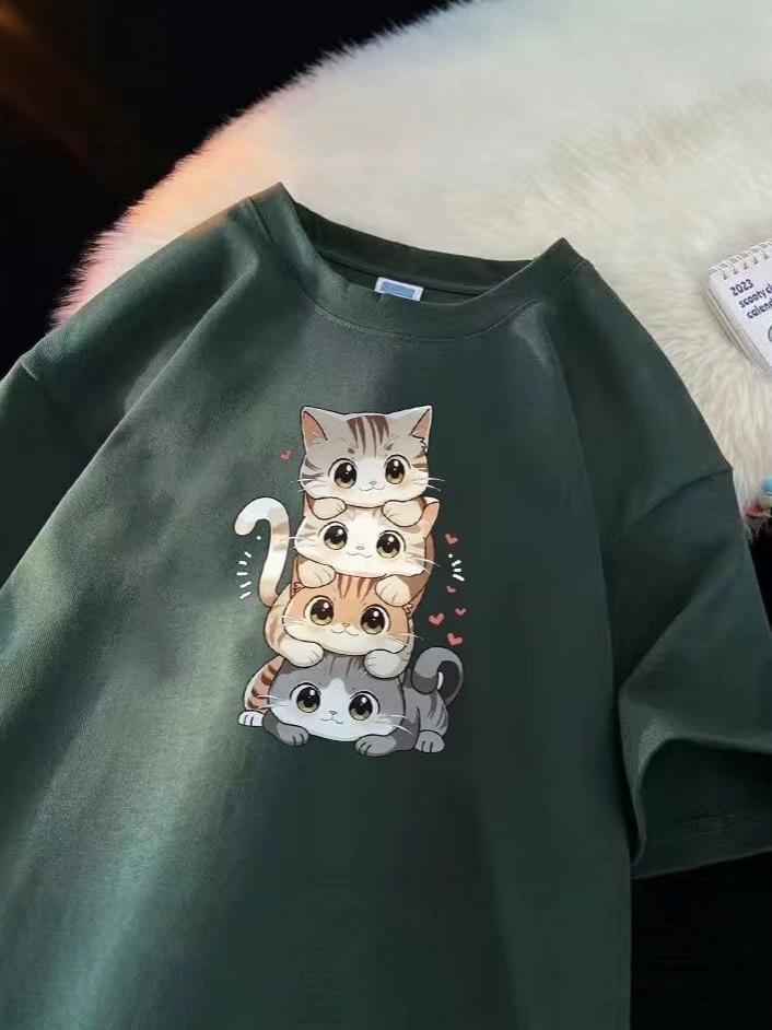 Unisex Summer Japanese Style Cat Print Loose Short Sleeve Tee