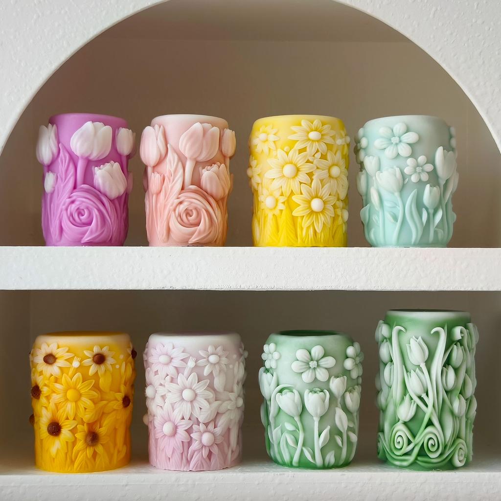 DIY Maple Tulip Cylinder Silicone Candle Mold Handmade Aroma Plaster Ornaments Mould Flowers Pillar Candle Making Supplies