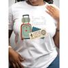 Women's Summer  T-Shirt - Round Neck Short Sleeve - Luggage Print Slogan: Time To Travel - White Font European Size