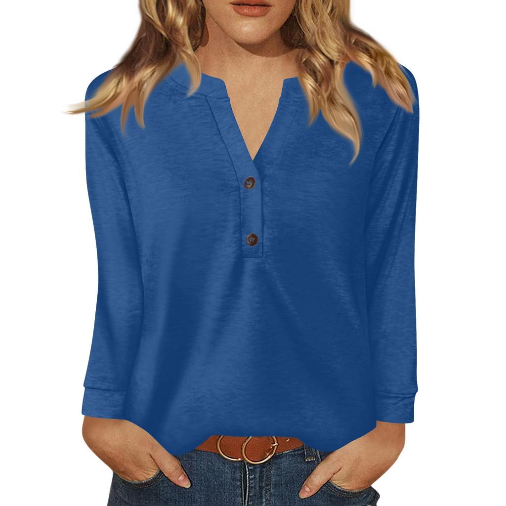 Women's T Shirt Solid Color Button Long Sleeve Daily Weekend Fashion Basic V- Neck Regular Top