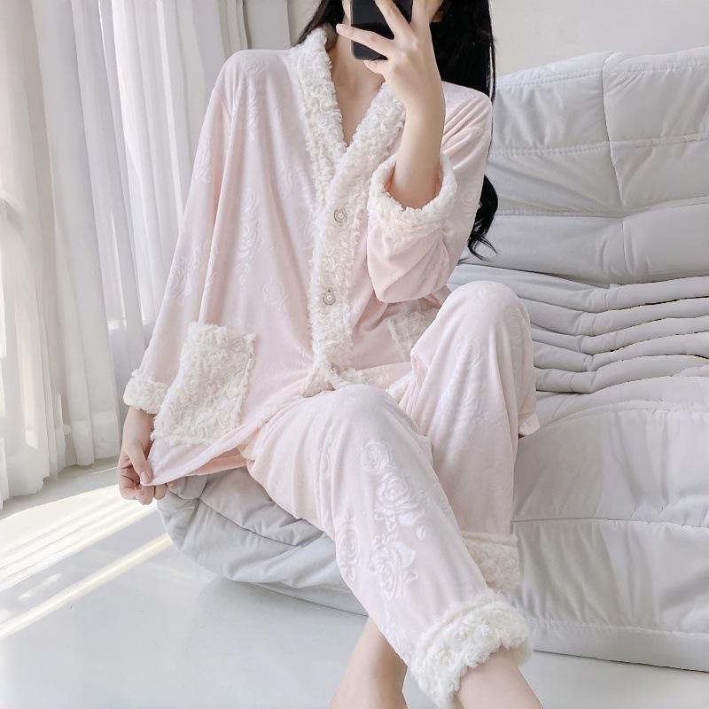 (Island Velvet) New Women's Pajamas Autumn and Winter Long-sleeved Trousers Thickened Loungewear Simple Warm Suede Pajamas Set
