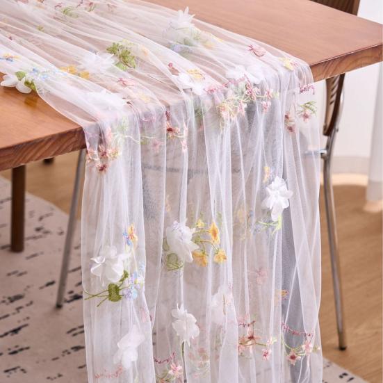 Elegant Birthday Table Decor Lace Embroidery Floral Tablecloth, 3D Flower Tulle Sheer Cover, Seasonal Tablecloth for Party Colorful Cloth Wedding