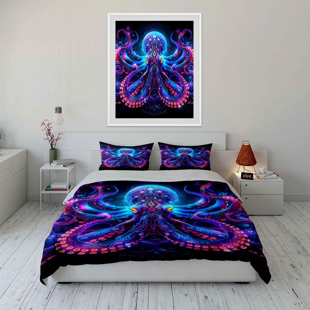 Colorful Octopus Art Decor Set Bedding Set With 1 Duvet Cover 2 Pillowcases Single Double King Queen, Gift