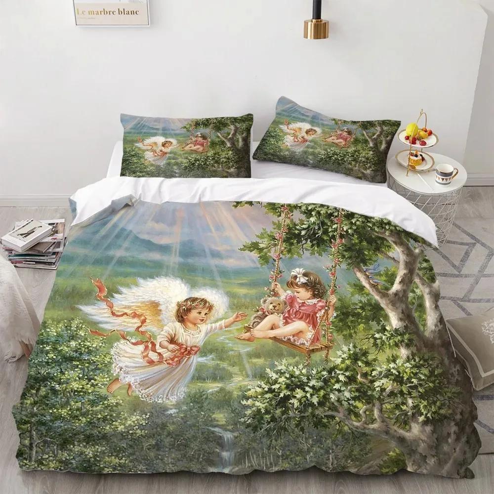 Angel  Oil Painting Bedding Set Ancient Art Duvet Cover Cartoon Warm Bed Quilt Cover Kids Bedroom Bed Cover Set Green