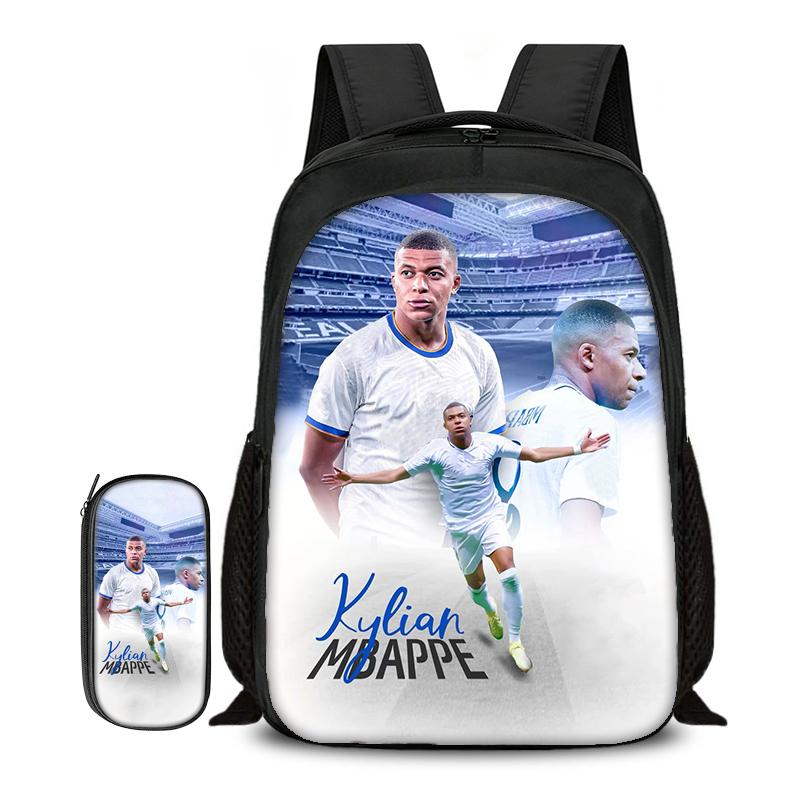 2-delige Set Boekentas Etui Schooltassen M-Mbappe Kinderen School Dubbellaags Rugzak Voetbalster Voetbal Sport Mochila gray