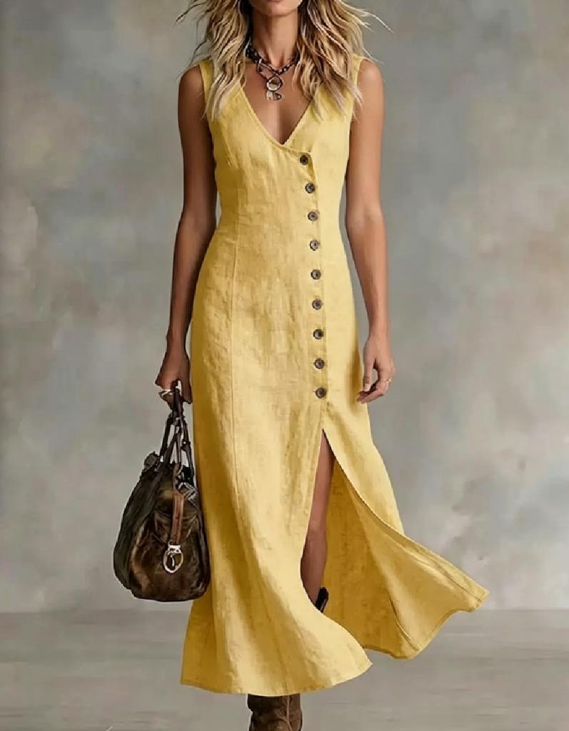 2026 New Spring and Summer Fashion Cotton and Linen Sleeveless V-neck Button Placket Dress Women's Clothing