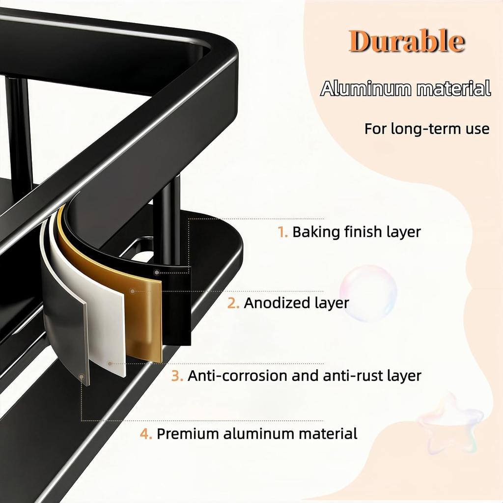 2 - Pack Aluminum Shower Caddy With 2 towel bars and 4 fixed hooks,No Drill Wall Mount Adhesive shower shelves for inside shower,Black Rustproof