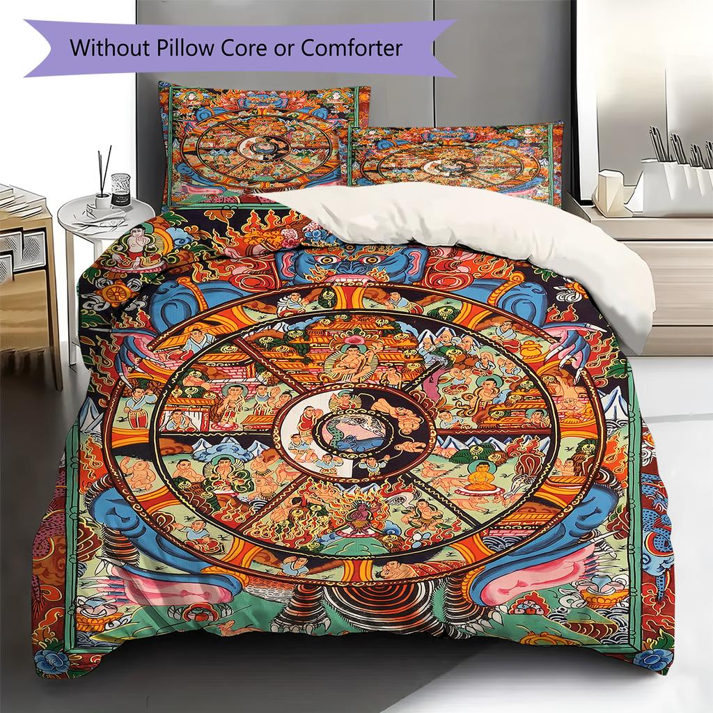 Buddhism Wheel Pattern Bedding Quilt Set Quilt Cover Pillowcase Home Decoration Gift (1 * duvet cover + 2 * pillowcase, without core)