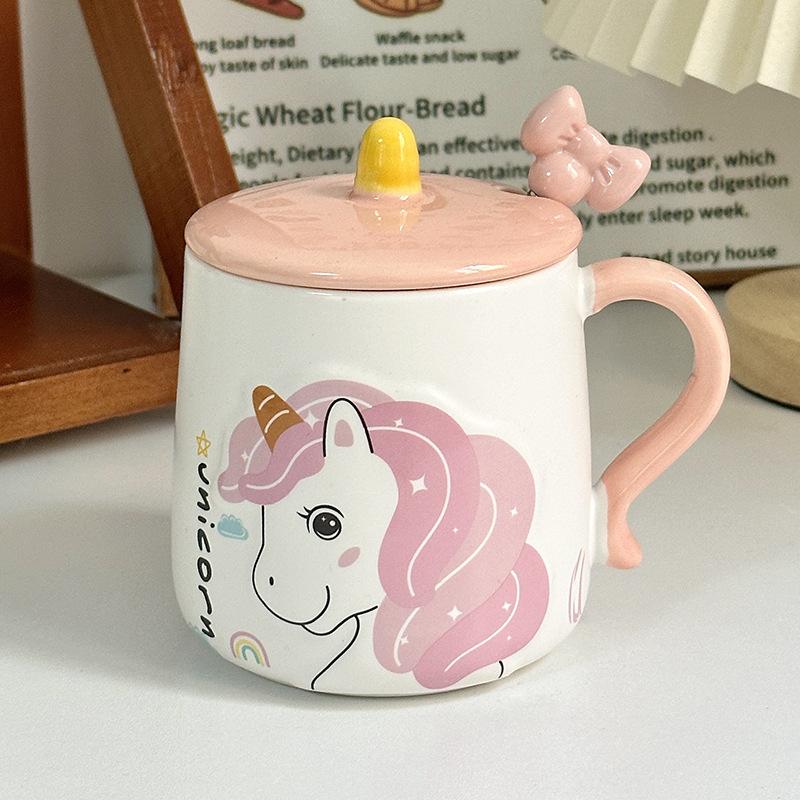 Cute Rainbow Unicorn Ceramic Mug with Lid Spoon Girl Heart Drink Water Cup Office Coffee Cup Gift