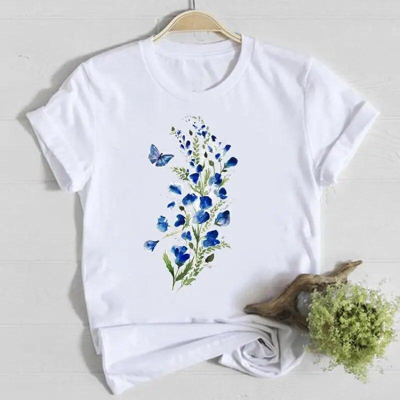 Blume Frühling Rundhals T-Shirt Top Shirt Damen Kleidung Mode T-Shirt Sommer Damen T Kurzarm Lässig Grafik T-Shirts