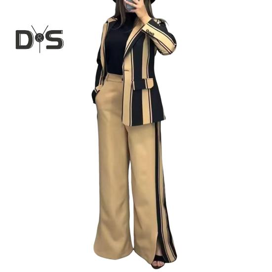 

2 шт./комплект женский деловой пиджак брюки комплект с длинными рукавами цветной полосатый кардиган с лацканами средней длины пиджак расклешенные брюки с высокой талией формальные XXL хаки