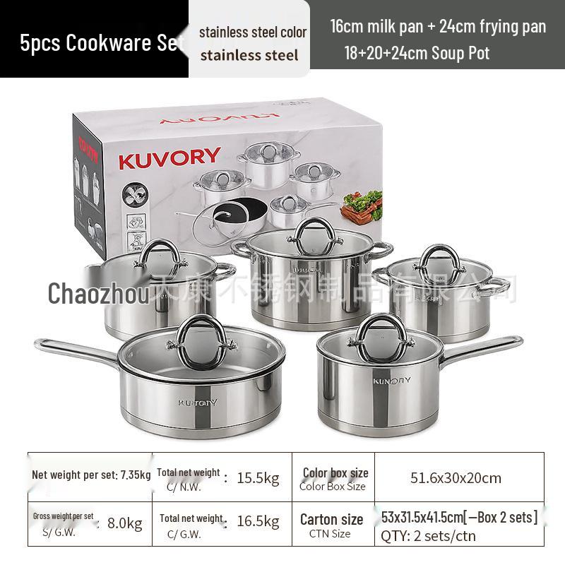 5-Piece Stainless Steel Cookware Set: Non-Stick Soup Pot, Frying Pan, and Milk Pot