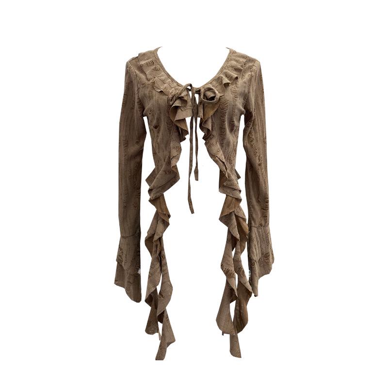 Post-Apocalyptic Style Ruffled Tie-Up Ripped Cardigan, Long-Sleeve Outer Layer