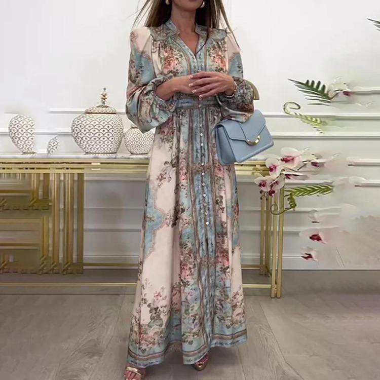 

Retro Printed Long Sleeve Swing Waist Dress European American Women Fashion XXXL