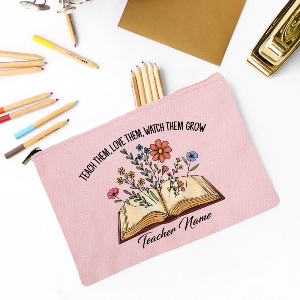 Thank You for Helping Me Grow Custom Name Makeup Bag Personalised Pencil Bags Travel Toiletries Storage Pouch Gifts for Teacher