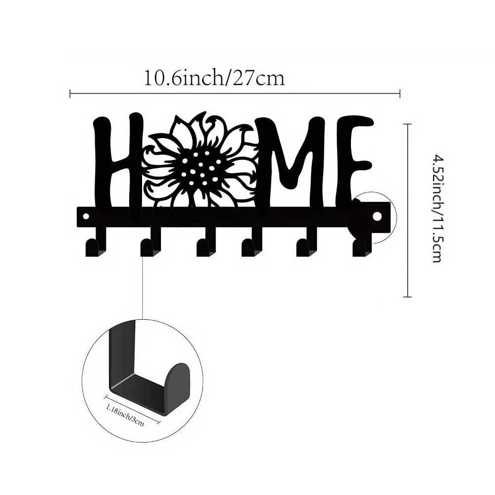 1pc Sunflower & Letter Design Black Metal Key Holder – Multi-Purpose Wall Hook for Porch, Hallway, Ideal for Keys and Clothes