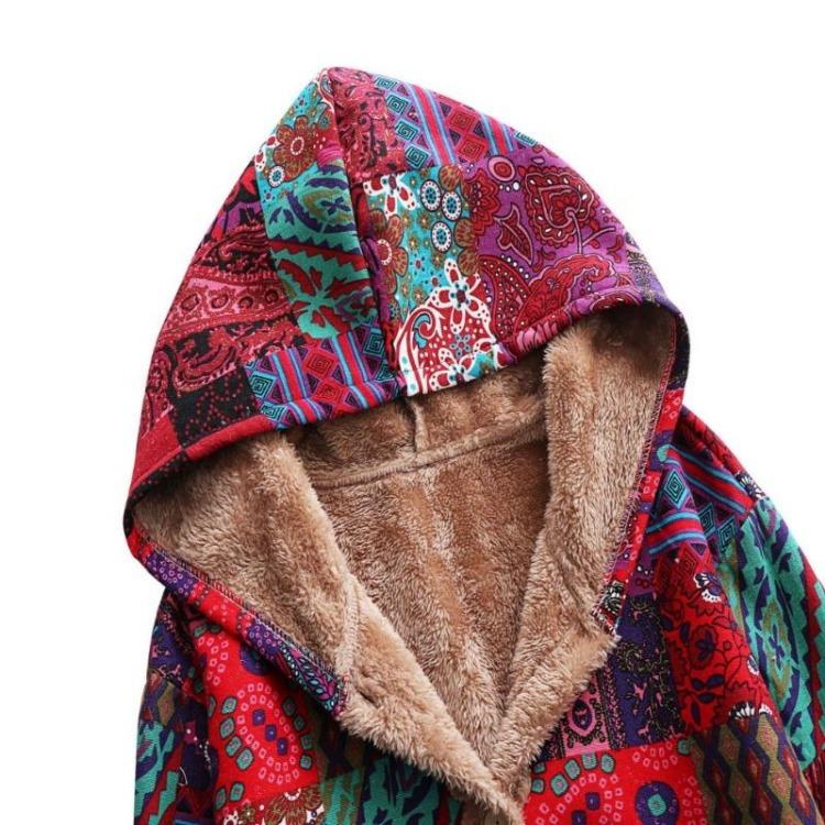 Vintage Women Wind Coat Winter Warm Plush Hooded Cotton Linen Printed Medium Length Coat