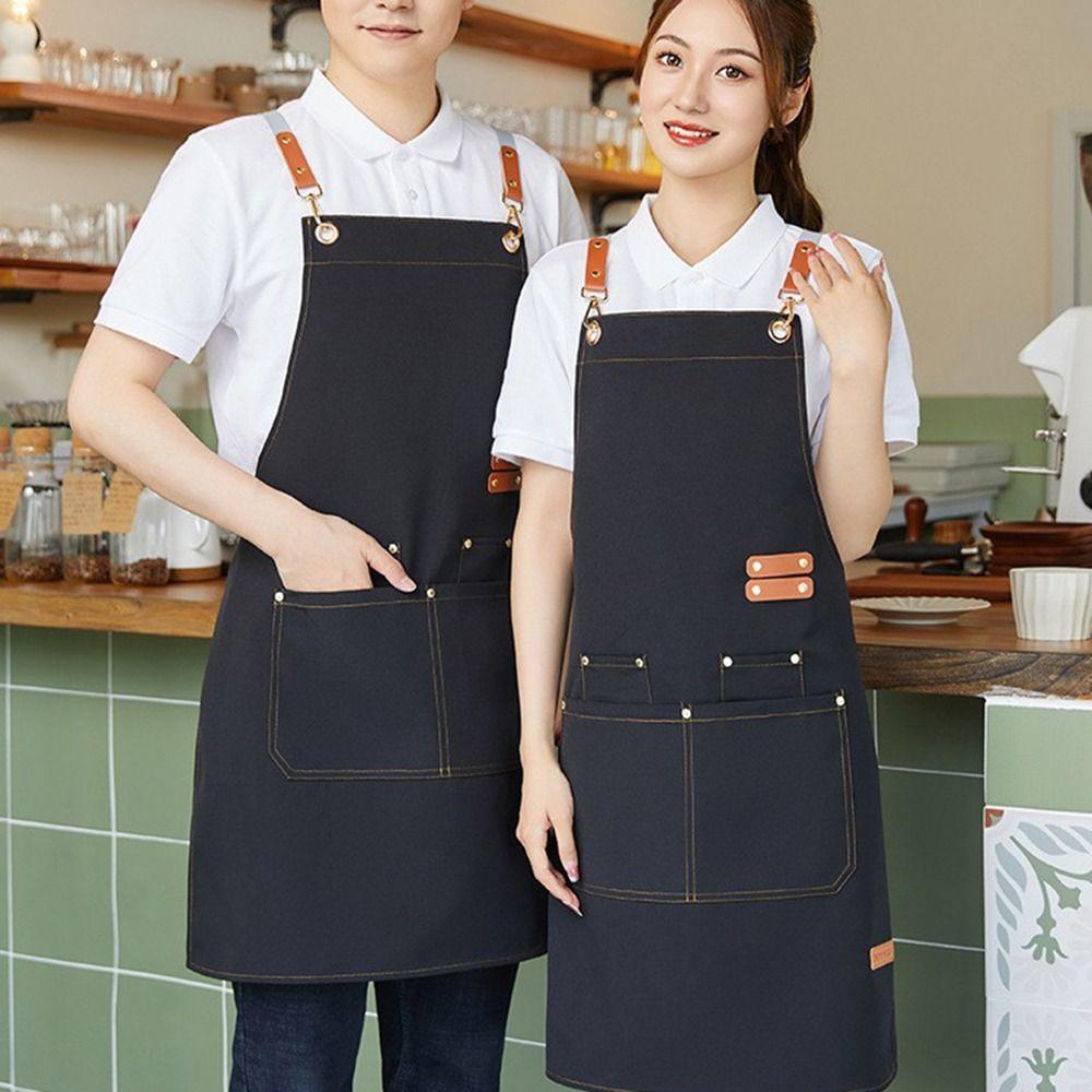 Water Resistant Work Apron Adjustable Straps Oil Resistant Canvas Apron Crossback Straps Large Front Pockets Restaurant Apron