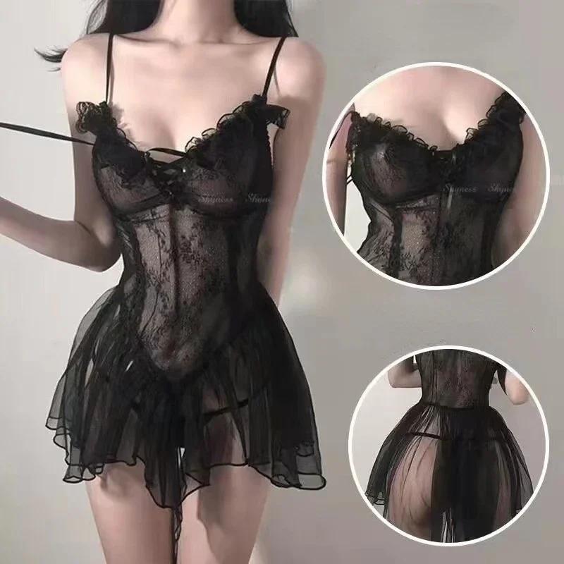 Sexy Lingerie Set Women Porno Sleepwear G String Underwear Porno Sleepwear Lace Sex Clothes Babydoll Erotic Transparent Dress