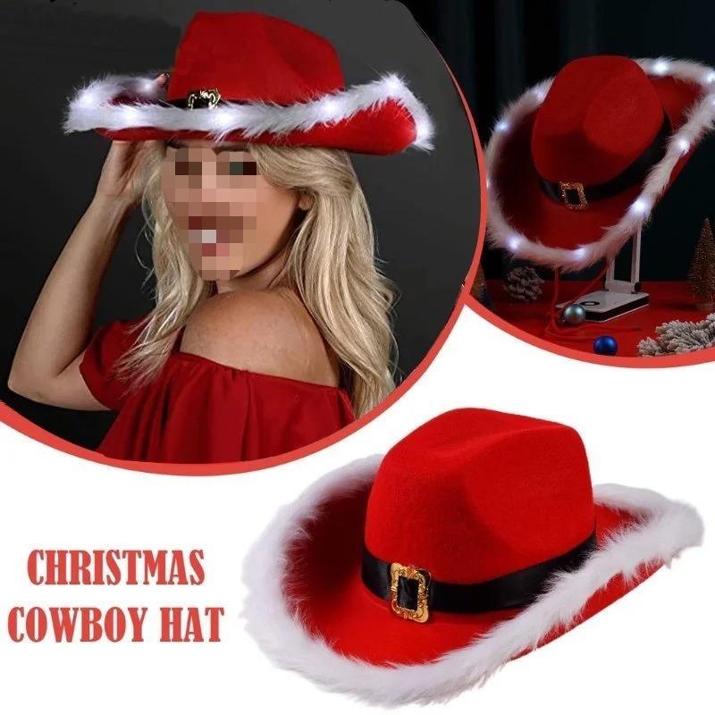 1-10pcs European and American Men's and Women's Cowboy Hat Red Western Cowboy Hats Christmas Feather Santa Claus Illuminated Hat