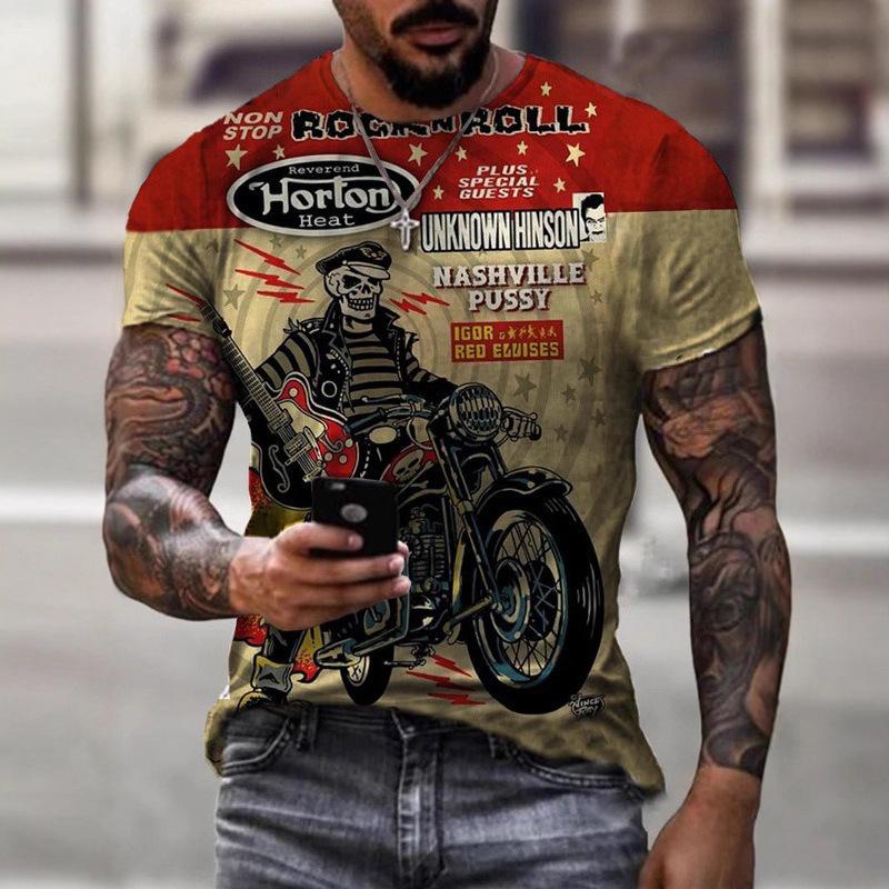Top Estivo Girocollo Stampa 3D Motivo Motocicletta alla Moda Casual Manica Corta T-shirt da Uomo