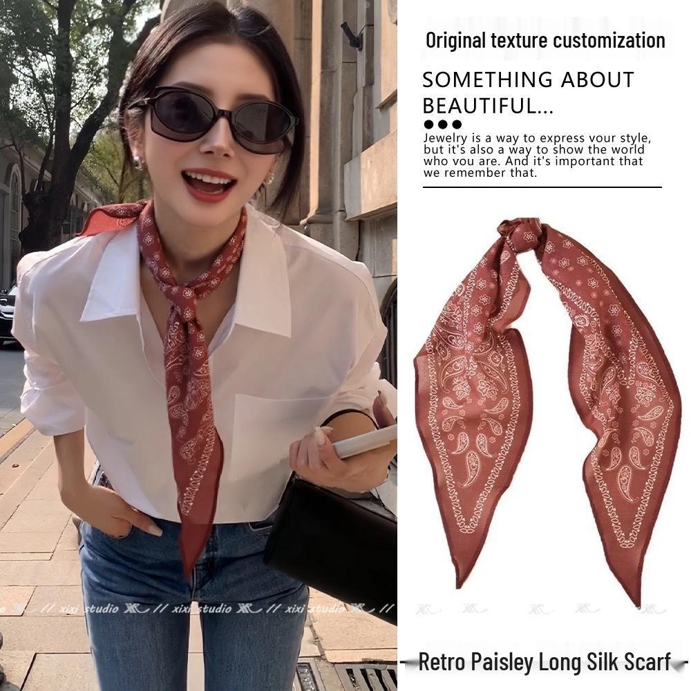 Silk Print Versatile Triangle Scarf: Cashew Large Square for Headscarf or Waistband