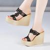 Small Size 32-41 Comfortable Rhinestone Cutout High Heels Shoes Summer Slippers 2025 Thick Platform Wedges Slides Party Office