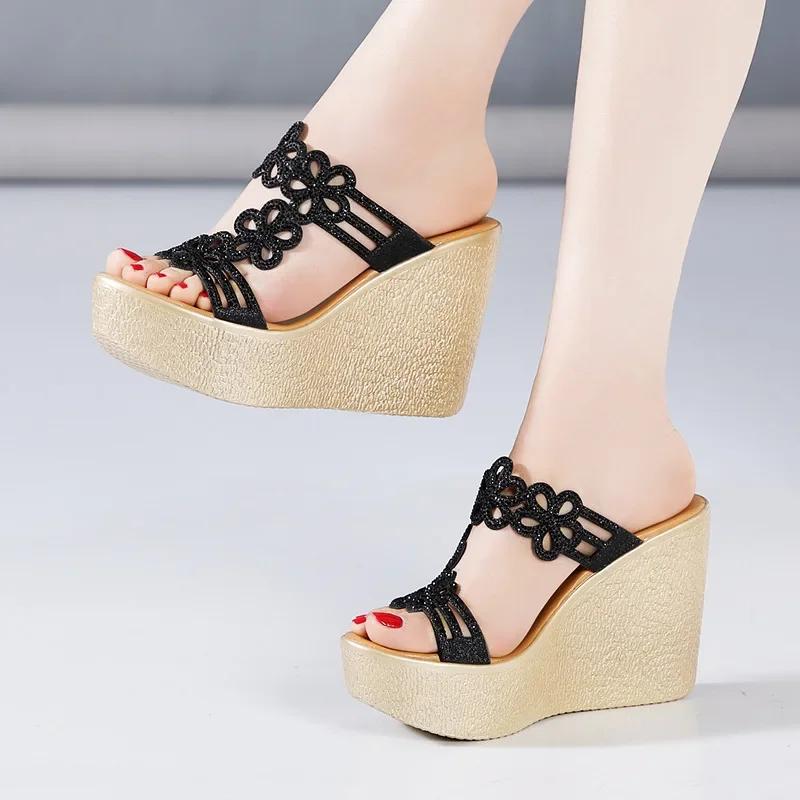 Small Size 32-41 Comfortable Rhinestone Cutout High Heels Shoes Summer Slippers 2025 Thick Platform Wedges Slides Party Office