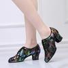 Ballroom Latin Dance Shoes Women Mid-Heeled Camouflage Dance Shoes Closed Toe Leather Teacher Shoes Tango Jazz Square